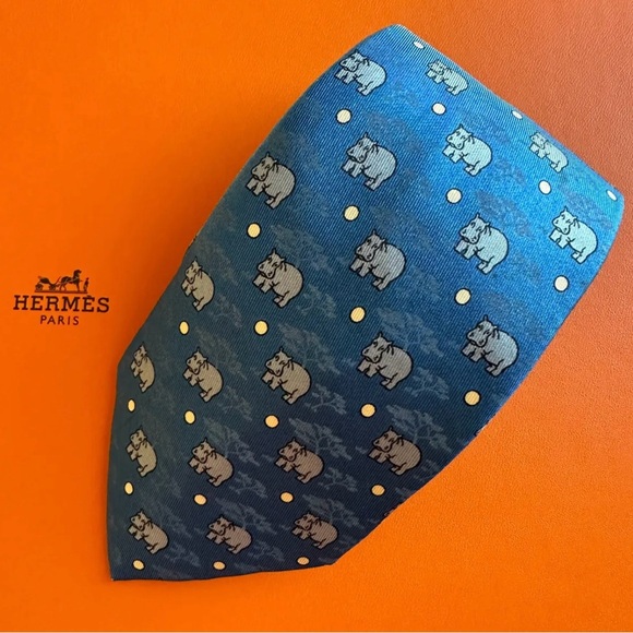 Hermes Hippopotamus Print Silk Blue Neck-tie - Authentic